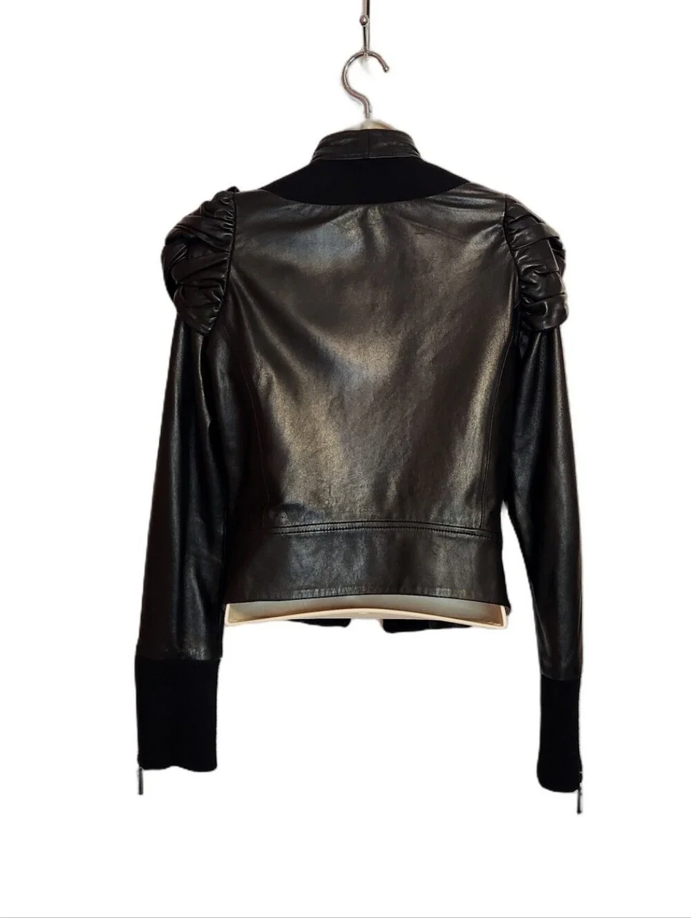 Afflication Leather Ribbed Knit Open Front Twist Puff Sleeve Moto Jacket Black M - Picture 4 of 10